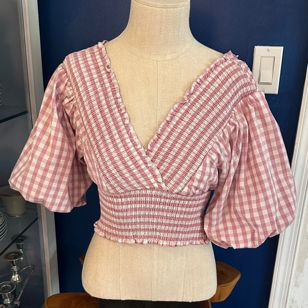 Women’s Abercrombie & Fitch Gingham Smocked Puff-Sleeve Crop Top Size XS